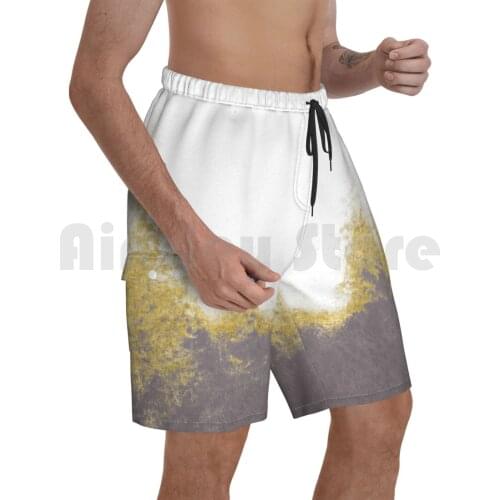 Charcoal Abstract Golden Beach Shorts Men Beach Pants Swim Trunks Monochrome Grey Black And White Golden Modern Gray