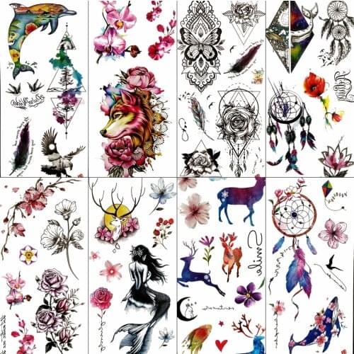 3D Marine Temporary Tattoo Stickers Whale Fox Deer Watercolor Dreamcatcher Sea Eagle Deer Tattoo Paper Dolphin