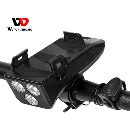 WEST BIKING 4 In 1 Bike Lamp Front Horn Light Phone Holder Alarm Bell Power Bank MTB Bike Accessories Cycling LED Flashlight