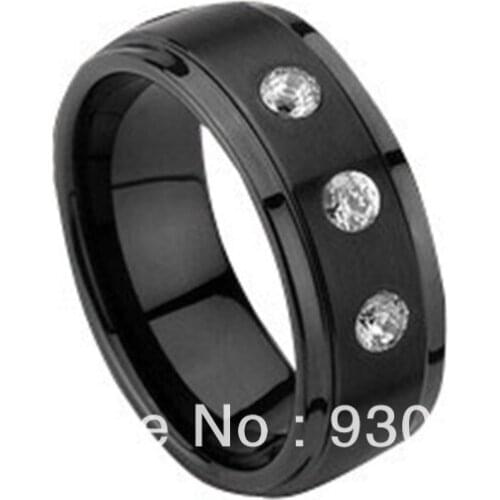 Customize Jewelry Free shipping Free engrave 8MM Tungsten Black Ring Three Clear CZ stone ring