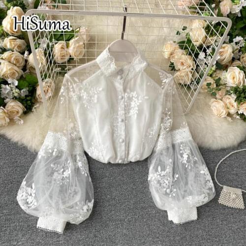 2021 spring new female o-neck lantern sleeve embroidered singe breasted mesh shirts women elegant waist lace blouses chic shirt