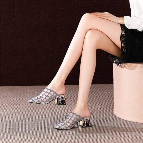 2021 New Rhinestone Genuine Leather Women Mules Wih Crystal Thick Heels Pumps Summer Newest Casual Basic Shoes Woman Sandals