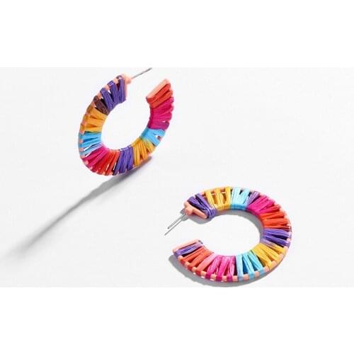 2019 New mix color Lafite grass weaving letter C shape circle stud earrings for women