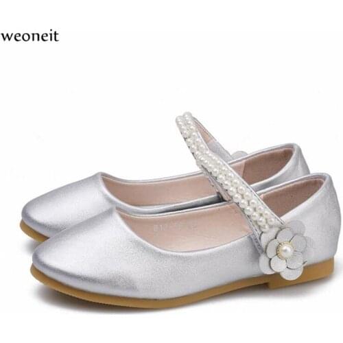 Weoneit Girl Shoes Fashion Childrens Dance Shoes Silver Pink Flat Heels Girls Leather Shoes Kids Flowers Pearls Leather Shoes