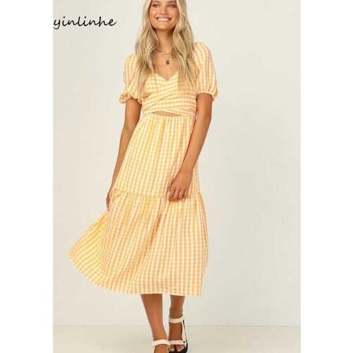 Yinlinhe Yellow Plaid Dress Women Hollow Out Summer Dress Bow Tied Slim Waist Vintage Backless Long Dresses French Style 2027