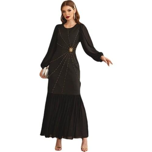 Handmade Embroidered Crystal Maxi Dress Women Muslim Gorgeous Black Bishop Sleeve Stretchy Morocco Party Gown Eid Clothing Islam