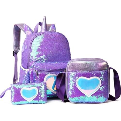 3pcs/set Sequins Unicorn Backpack Fashion Girl Glitter School Book Bag Girls Cute Hologram Laser PU Leather Travel Backpacks