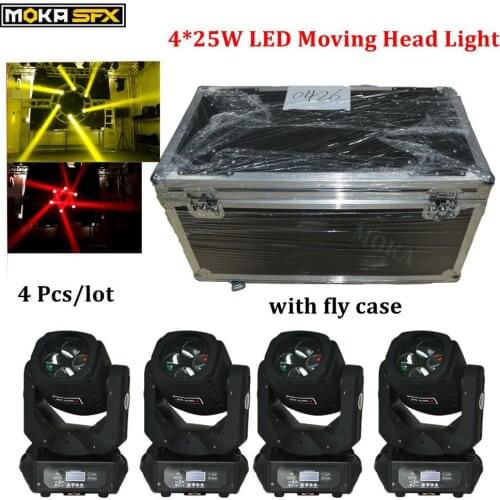 4 Pcs/lot 4 in 1 flight case+led beam moving head light 4*25W RGBW Super Beam DMX 512 9/15 DMX Channels Beam Light 90V-240V
