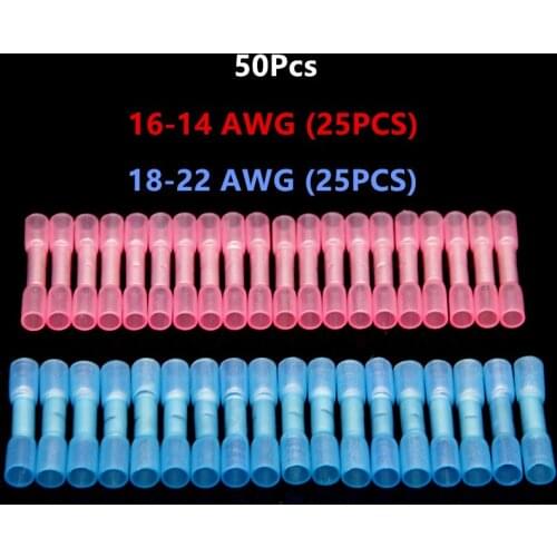 50Pcs Waterproof Heat Shrink Butt Wire Crimp Terminals Connectors Insulated Electrical Wire Cable Butt Connectors 0.5-2.5mm2