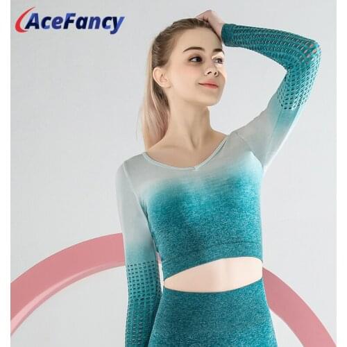 Acefancy Seamless Yoga Top Long Sleeve Women Stretchy Fitness Sport Yoga Shirt Thumb Hole Woman Patchwork Gym Yoga Shirt T6090