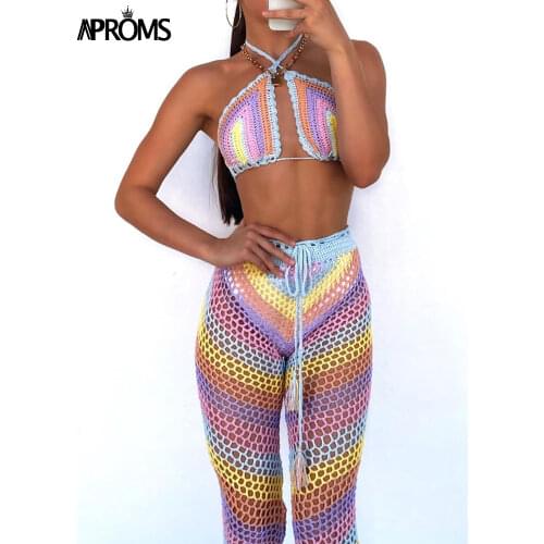 Aproms Elegant Colorful Cotton Blend Crochet 2 Piece Set Women 2021 Summer Festival Stretch Top and Pants Beach Outfit Coverup