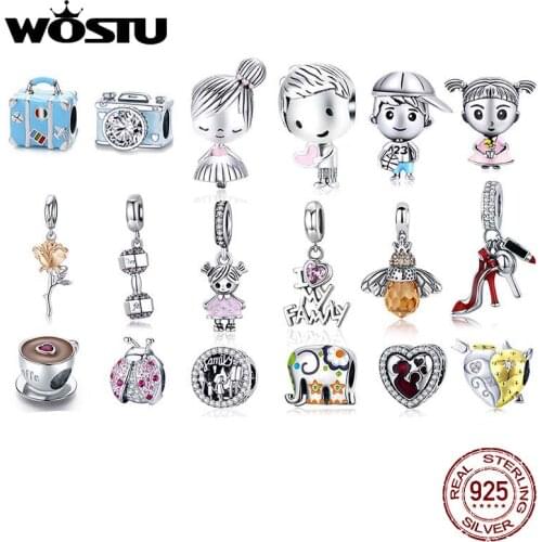 WOSTU 925 Sterling Silver Boy & Girls Charm Coffee Ladybug Beads Fit DIY Original Bracelet Pendants Jewelry Flamingo Bee Charms