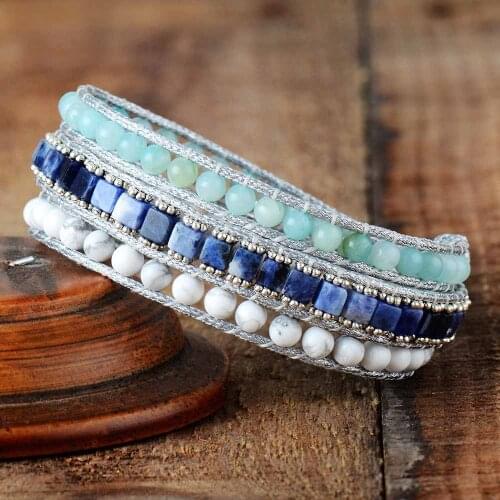 Womens Wrap Bracelet Amazonite Howlite Sodalite 3 Times Silver Color Cord Multilayers Statement Punk Bracelet Gifts