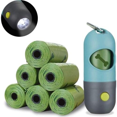 Dog Poop Bags Dispenser,Built-in LED Flashlight,6 Rolls Recycle Dog Bags for Poop,Pet Supply Dog Pet Waste Poop Bags with Leash