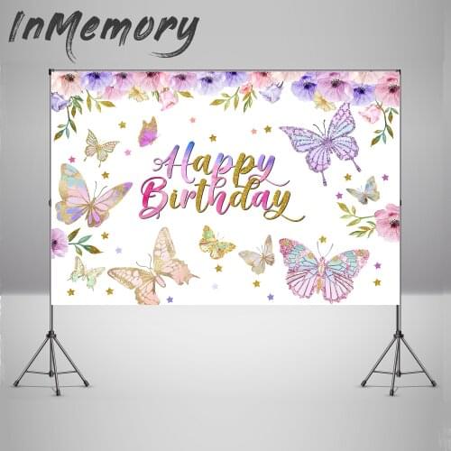 Baby Girl 1st Birthday Party Photography Background Customized Baby Shower Photo Background Studio Flower Butterfly Banner