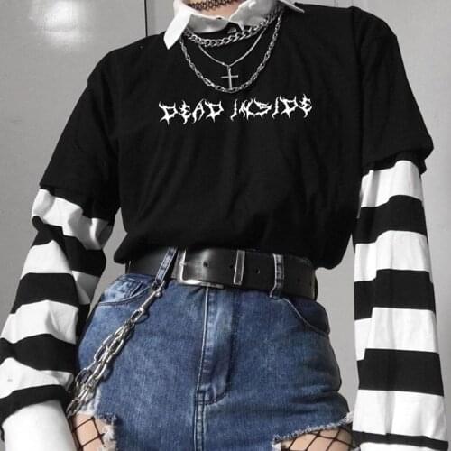 Dead Inside Letter Printed Woman Tshirts Grunge Tumblr Gothic Short Sleeve Cotton Graphic Oversized Tshirts Tops Women Clothes