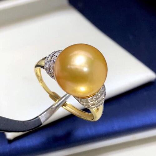 Fine Jewelry 925 Sterling Silver Natural Fresh Water 11mm Golden Peals Rings for Women Fine Pearls Rings
