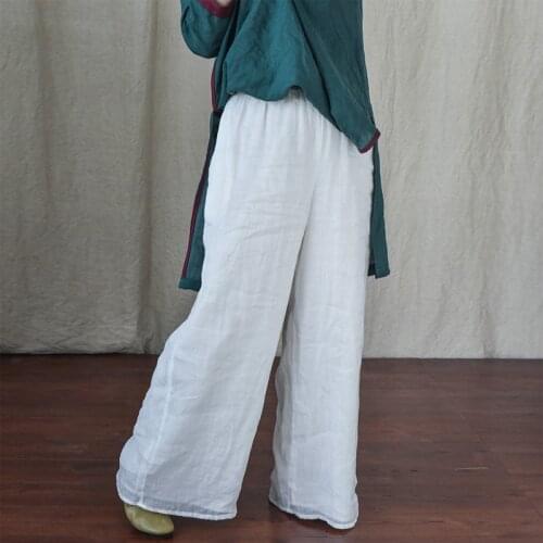 Johnature Women Vintage Ramie Pants Elastic Waist Solid Color Double Layer Fabric Trouser 2021 Summer New New Wide Leg Pants