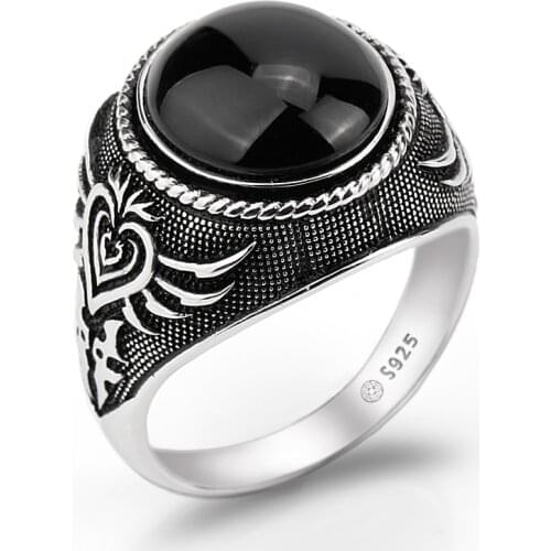 925 Sterling Silver Men Ring with Natural Black Big Agate Stone Finger Ring Personality Poker for Men Fine Jewelry