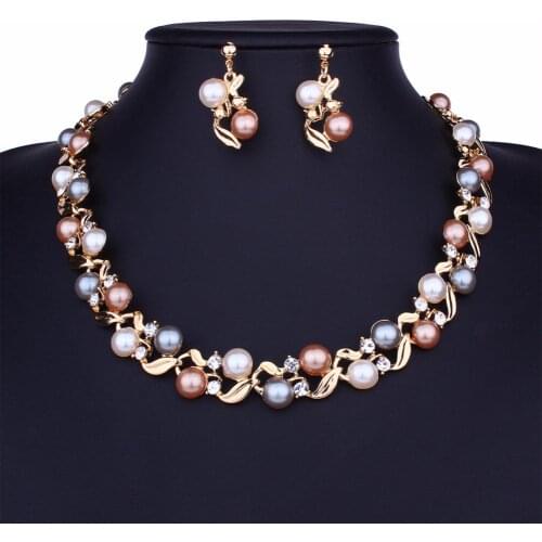 Elegant Women Imitation Pearl Rhinestone Necklace Ear Stud Earrings Bridal Wedding Jewelry Set Female Party Gift Fashion Costume