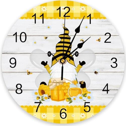 Bee Dwarf Daisy Honey Yellow Plaid Wall Clock Round Style Fashion Modern Design Wall Clock Home Living Room Bedroom Decoration