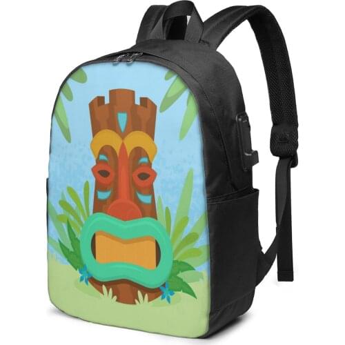 School Laptop Backpack Tiki Mask With Palm Leaves 17 inch Travel Multi USB Charger Bag