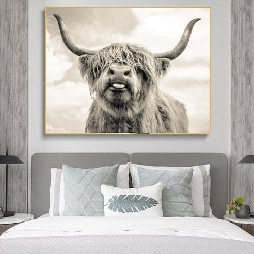 Nordic Highland Cow Wall Art Posters And Prints Black And White Animals Canvas Art Pictures Animals Paintings On the Wall Decor