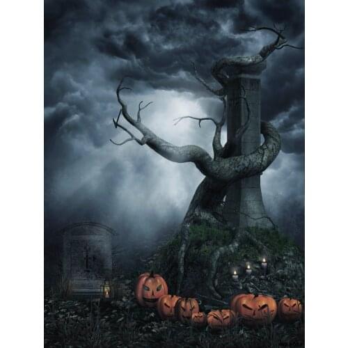 VinylBDS Dark Grey Terror Halloween Photography Backgrounds Pumpkin Grave Trunk Photo Backdrops for Children Photo Studio