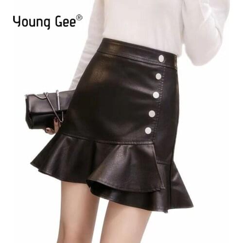 Young Gee Ruffle high waist skirt mini sexy short black Sash elegant leather skirts women faux leather mermaid skirt