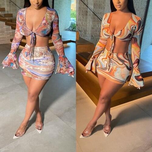 2Pcs Women Summer Outfit Irregular Print Lace-Up Long Flare Sleeves Crop Tops + Slim Miniskirt Girls Beachwear