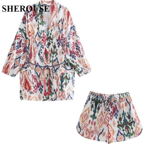 2021 Two Piece Set Fashion Woman Printed Kimono Jacket Casual High-Waist Shorts Chic Lady Women Outfit Shorts Sets 2 piece set