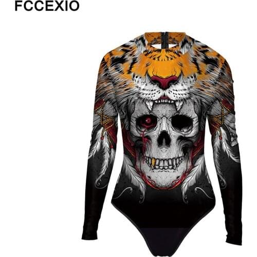 FCCEXIO The Tiger Skull 3D Print Women One-Piece Swimsuit Summer Casual Long Sleeve Beachwear Bathing Suit Sexy Tight Swimwear