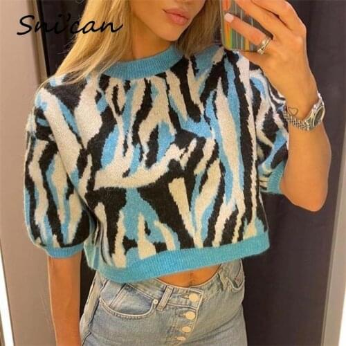 Blue Zebra Knitted Sweater Za 2021 Women Short Sleeve O Neck Cropped Ladies Pullover Autumn Winter Fashion Pull Femme Hiver Tops