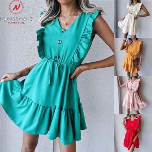 Fashion Women Solid Color A-Line Dress Drawstring Single-Breasted Design Ruffles Decor V-Neck Sleeveless Mid Waist Slim Dress