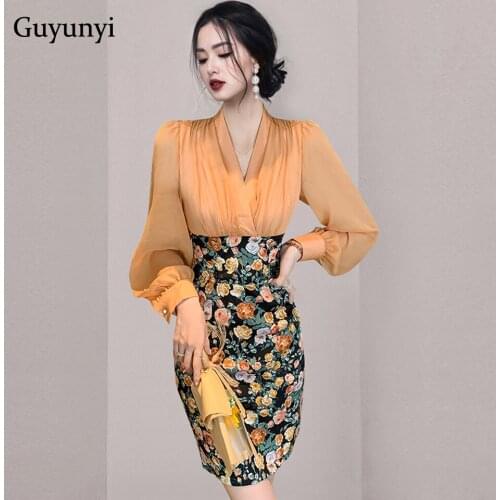 Elegant Office Lady Dress 2021 Autumn Chiffon V-Neck Puff Sleeves High Waist Tight Stitching Floral Party Mini Dress Women