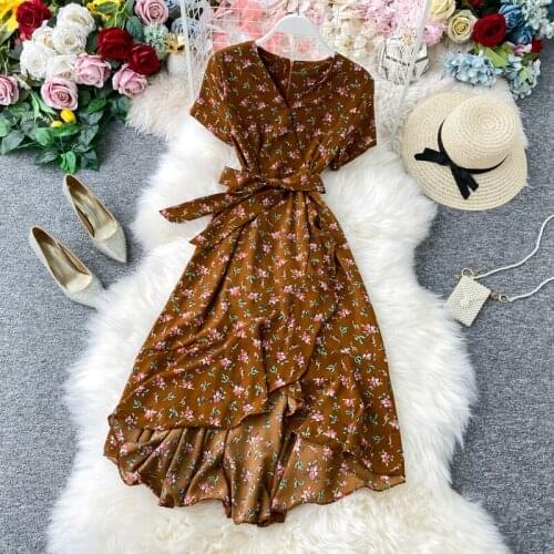 Boho Vintage 2020 Floral Print Ruffles V Neck Bandage Long Chiffon Dress Summer Party Women Beach Holiday Irregular Tunic Dress