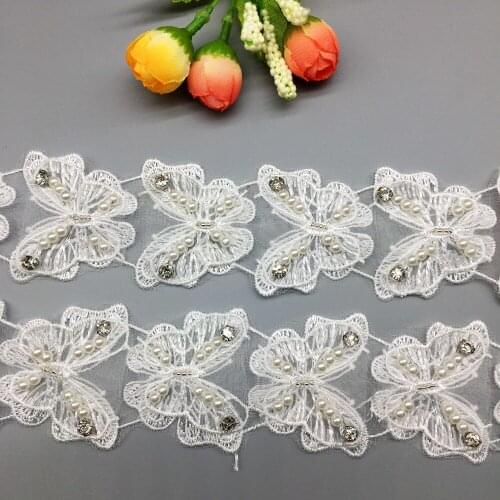 10pcs White 3D Rhinestone Butterfly Embroidered Pearl Beaded Lace Trim Flower Applique Ribbon French Fabric Wedding Dress Sewing