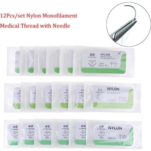 12PCS/set Needle Suture Nylon Monofilament Non-injured Suture Medical Thread Suture For Medical Surgical Suture Practice Kit