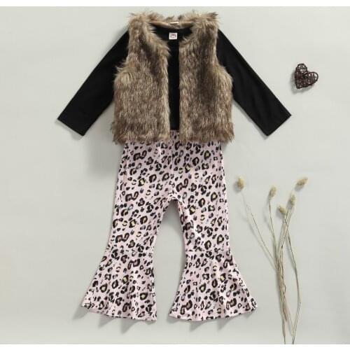 Fashion Children Girls Fall Winter Clothes Sets 3pcs Solid Long Sleeve T Shirts Tops+Plush Vest+Leopard Flare Pants Outfit