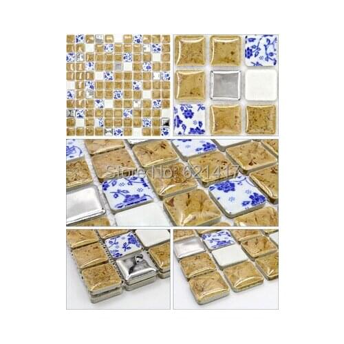 Blue and white porcelain khaki ceramic mixed metal mosaic tiles for kitchen backsplash shower dining room bedroom wall tile
