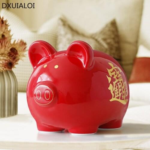Ceramic Chinese Red Cute Pig Money box gift for Children kids Cute piggy bank pig figurine Money coins saving box storage box