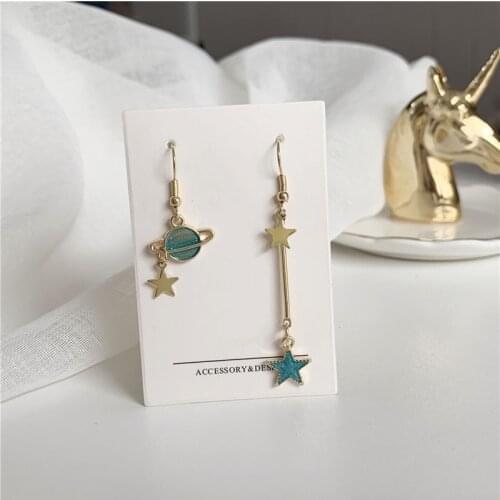 Classic Blue Earth Star Moon Tassel Asymmetric Drop Earrings Korean Planet Pendent Earrings for Women Girls Kid Ear Jewelry Gift