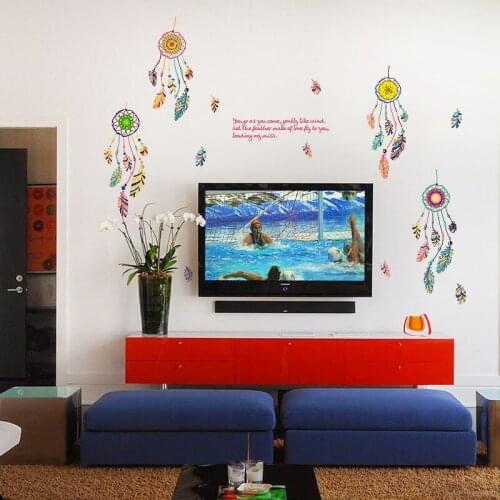 Colorful 3D Vivid Dream catcher India Bell Feather Wall Sticker Home Decoration Living Room PVC Wall Decals DIY Mural Art Poster