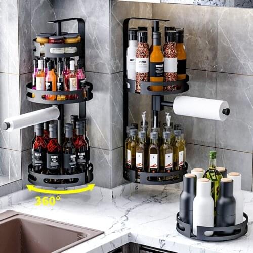 360° Rotating Spice Rack Punch Free Multifunction Corner Storage Rack Stainless Steel Kitchen Organizer