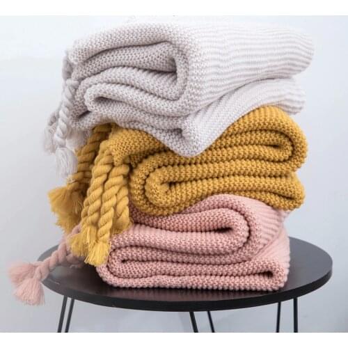 Plain Blanket Sofa Knit Throw Blanket Ivory Pink Solid Soft Tassels Plaid Travel 130x160cm Home Sofa Chair Couch Bed