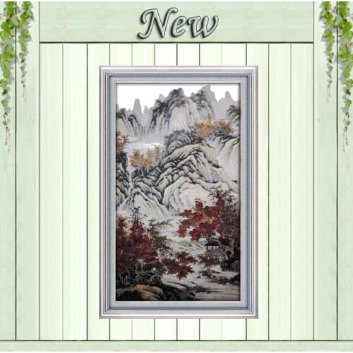 Autumn mountains red trees painting counted printed on canvas DMC 14CT 11CT chinese Cross Stitch Needlework Sets Embroidery kits