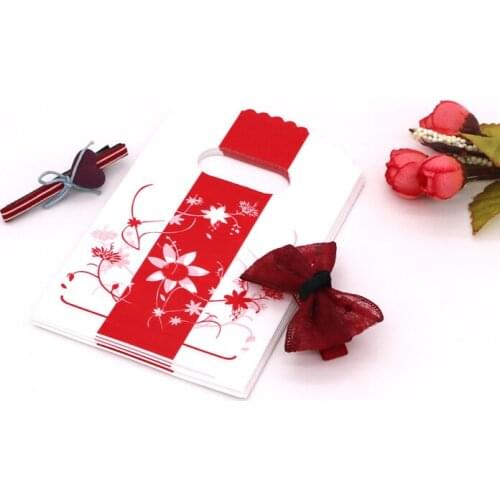 Red Branch Flower Printed Plastic Jewelry Bag 9x15cm 50pcs/lot Cheap Gifts Candy Soap Packaging Bag Handmade Pouches with Handle