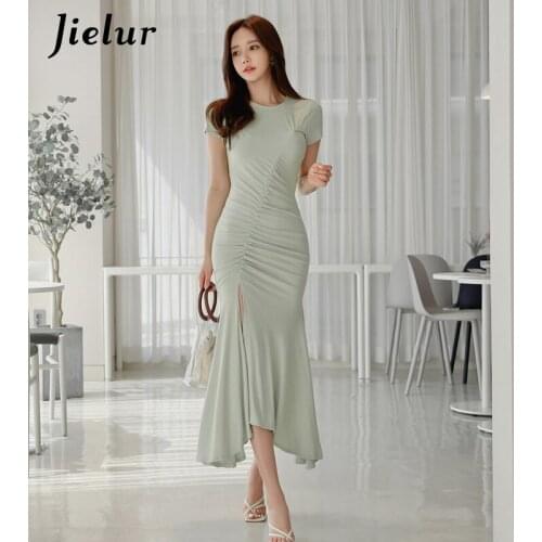 Jielur O-neck Women Dress Sexy Skinny Split Short Sleeve Solid Color Korean Chic Vestidos Summer Dress Slim Trumpet Dresses