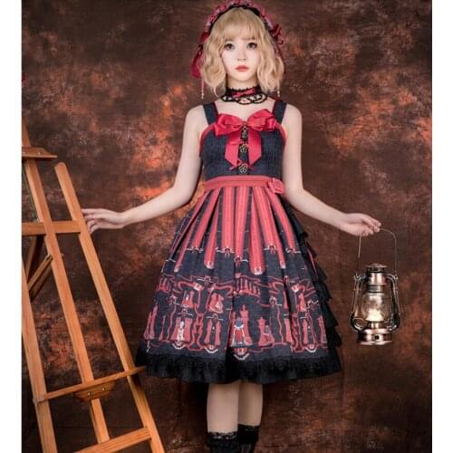 New Lolita Kawaii Print JSK Bowknot Dress Sleeveless Retro Gothic Princess Princess Dress Cos Lolita Loli Tea Party Vestidos