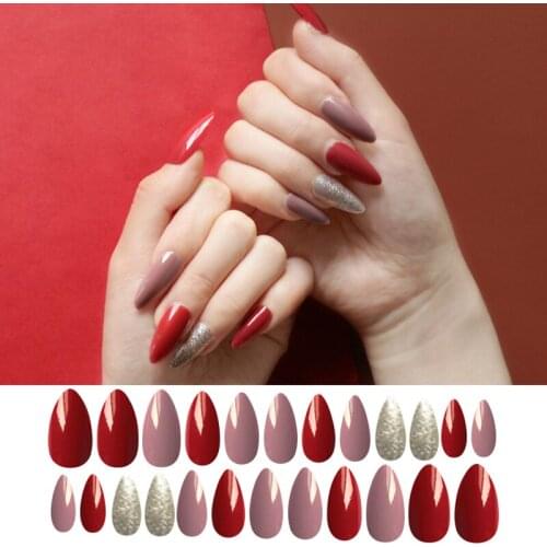 24Pcs/set Fashion Beauty Fake Nails Wine Red French Stiletto Purple Glitter Pattern Design Popular Fake False Nails Tips Art